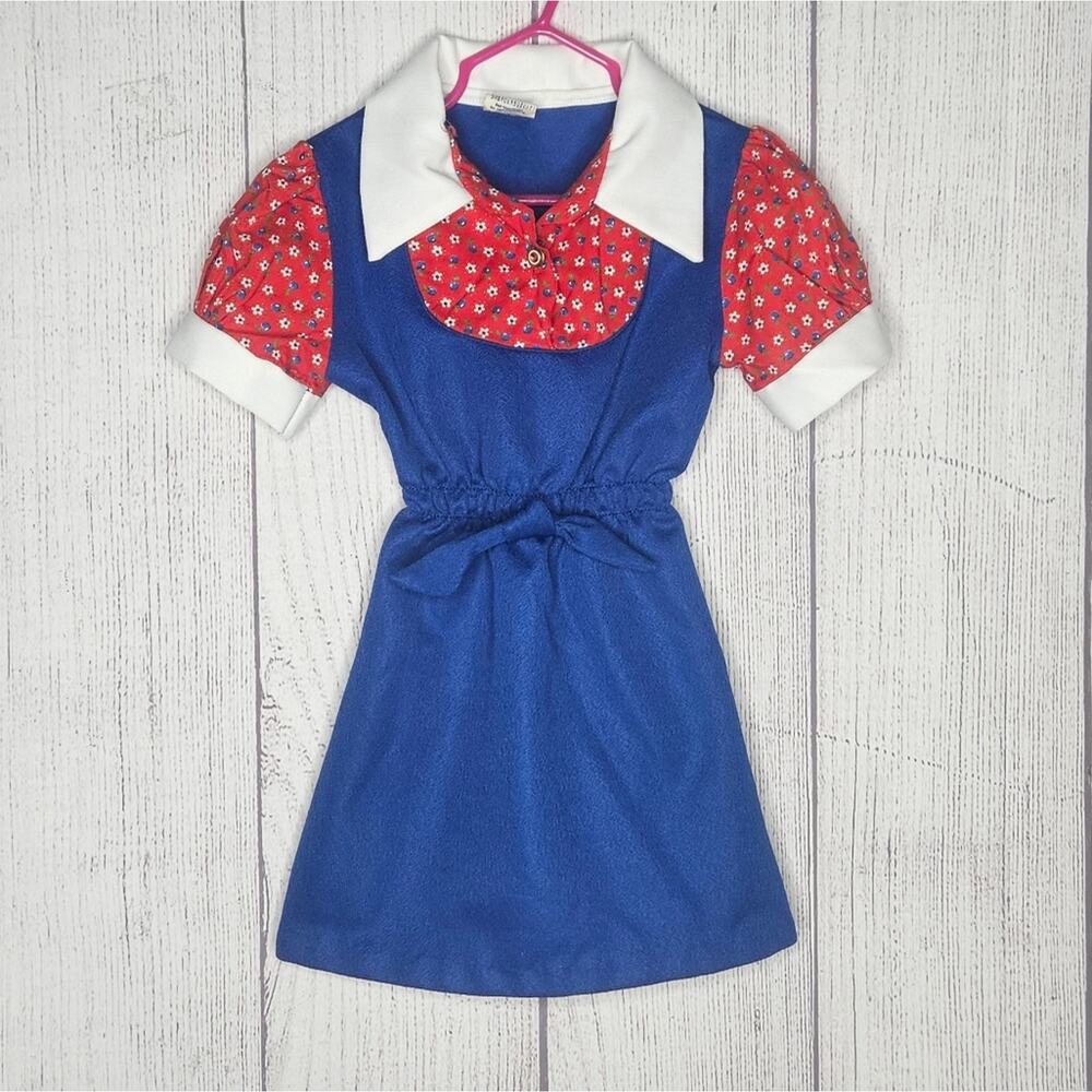 VTG 1960s Girls Jumper, Red & White Floral Collared Top & Blue Dress, size 6